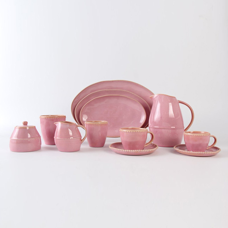 Microwave And Dishwasher Safe Kiln-Changed Pink Beaded Restaurant Ceramic Set